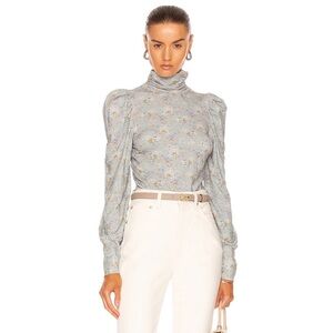 LoveShackFancy Vienna Long Sleeve Turtleneck Top in Sky‎ Gray Blue Floral